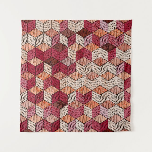 Gestickte Sechsecke: Bohemian-Patchworkdruck. Wandteppich (Vorderseite)