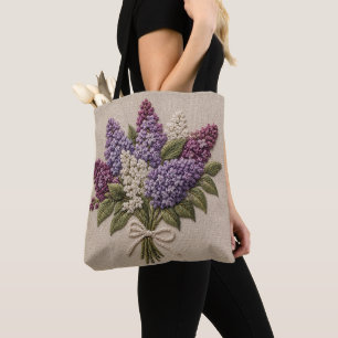 Gestickter Fliederstrauß – Faux-Stickerei Leinen Tasche