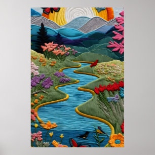 Gestickter Stil Bunter Fluss Tal Lebendig Poster