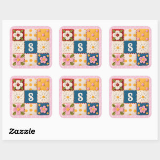 Gesticktes Blumen-Patchwork-Quilt-Monogramm Quadratischer Aufkleber