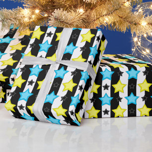 Gestreifte blaue gelbe Sternmusterdesign  Geschenkpapier