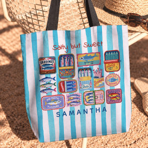 Gestreifte blaue Türkis-Sardinen-Dosen Tasche