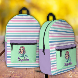 Gestreifte lila und mintfarbene Meerjungfrau Druck Bedruckter Rucksack