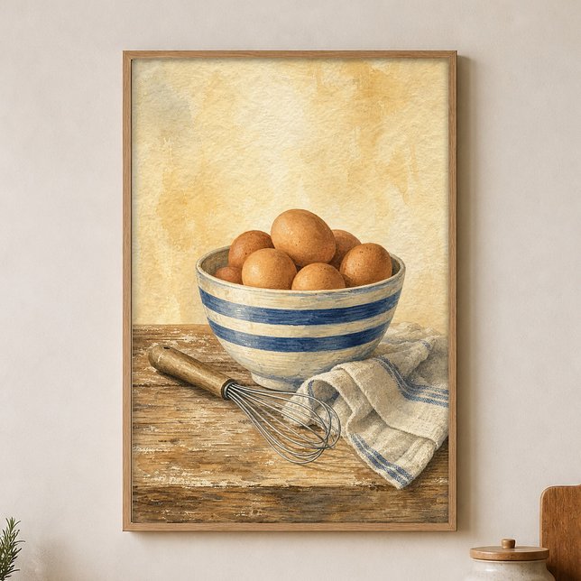 Gestreifte Schüssel mit Eiern Wasserfarbenposter Poster (Shown framed for scale. Poster ships unframed; frames are an optional add-on.)