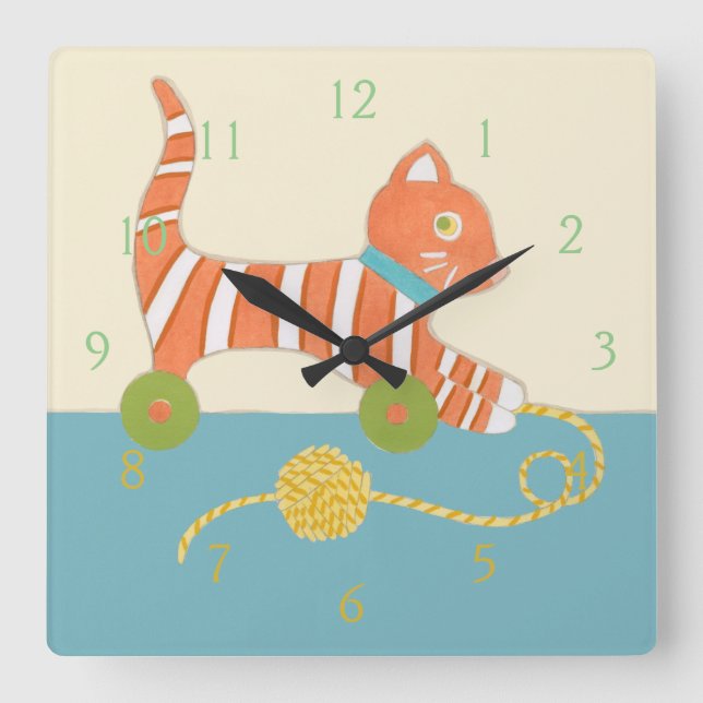 Gestreifte Spielzeug-Katze mit Ball der Schnur Quadratische Wanduhr (Vorderseite)