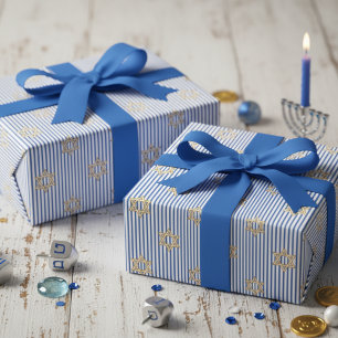 Gestreifter Helles Blau Jüdischer Goldener Davidst Geschenkpapier