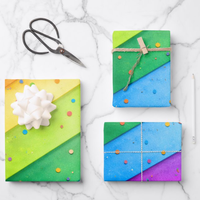 Gestreifter Regenbogen mit Konfetti Geschenkpapier Set (Vorderseite)