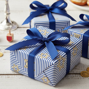 Gestreifter Saphirblauer jüdischer goldener Davids Geschenkpapier