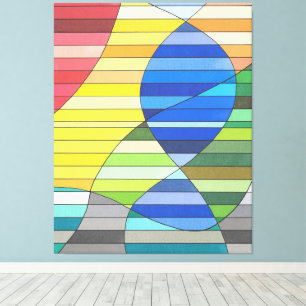 Gestreiftes Abstrakt mit gelben und blauen Formen Leinwanddruck