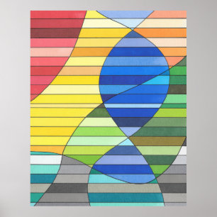 Gestreiftes Abstrakt mit gelben und blauen Formen Poster