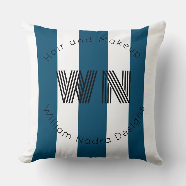 gestreiftes Firmenlogo monogramm blaues Kissen (Vorderseite)