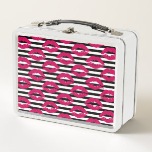 Gestreiftes Muster des Lippenstift-Kuss-B&W Metall Brotdose
