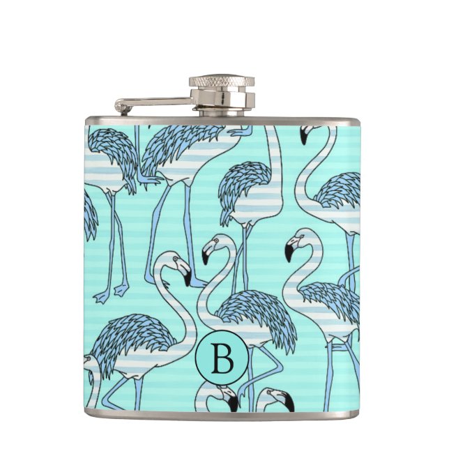Gestreiftes Türkis-Flamingo-Muster-Monogramm Flachmann (Vorderseite)