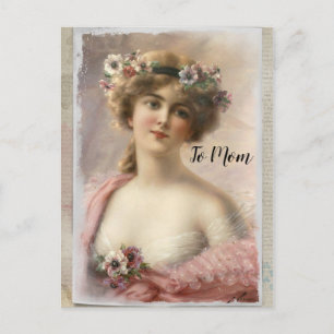 Gestresste viktorianische Frau mit Blumen auf Aqua Postkarte