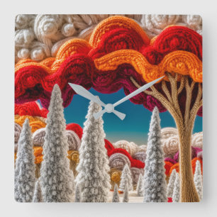 Gestrickte Fantasy-Wald-Kunstwand  Quadratische Wanduhr