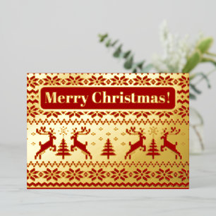 Gestrickte Hirsche und Weihnachtsbäume in Gold und Folieneinladung