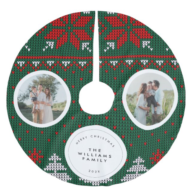Gestricktes Pullovermuster Familienfoto Polyester Weihnachtsbaumdecke (Vorderseite)