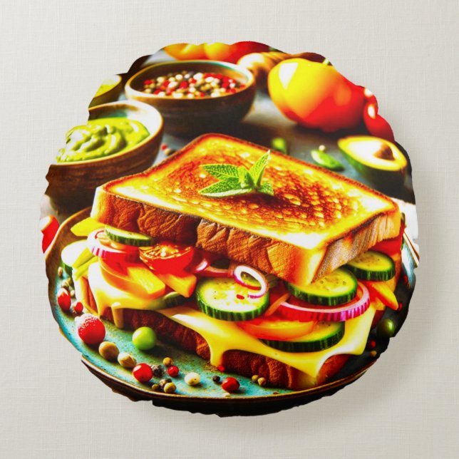 Gesund trifft sich geduldig: Ein gegrillter Käse D Rundes Kissen (Vorderseite)