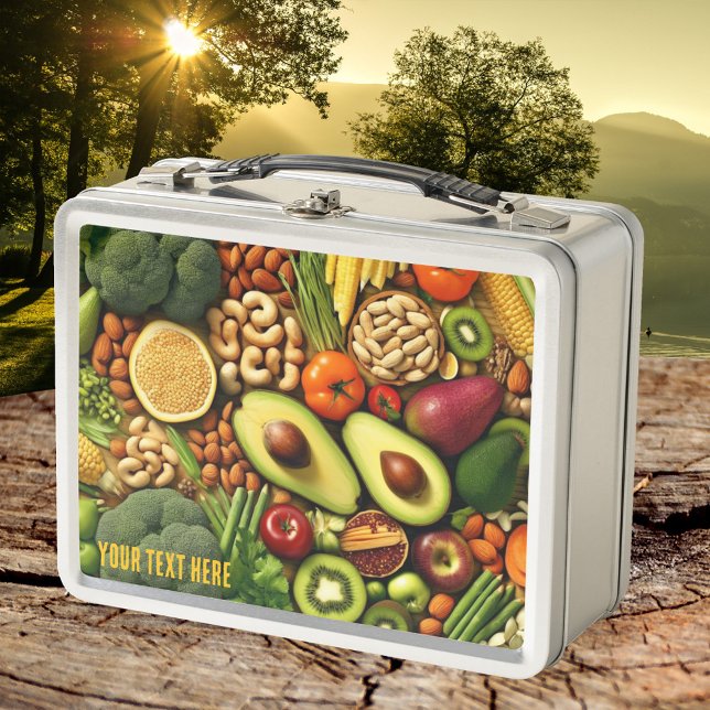 Gesunde Gemüse Snacks farbenfroh Metall Brotdose (Lunch Box featuring a colorful display of different vegetables, fruits and nuts)