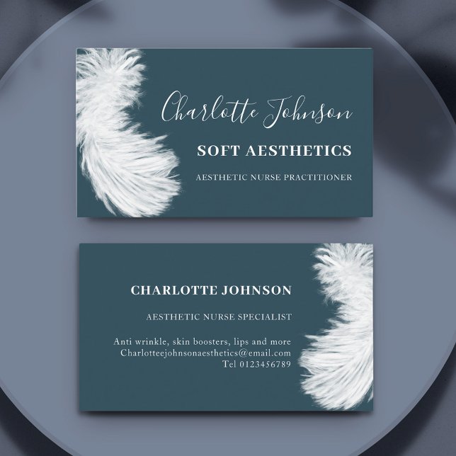 Gesundheitsfürsorge Beruflich Modernes Blaues Fede Visitenkarte (Aesthetics nurse specialist professional soft feather illustration blue business card)