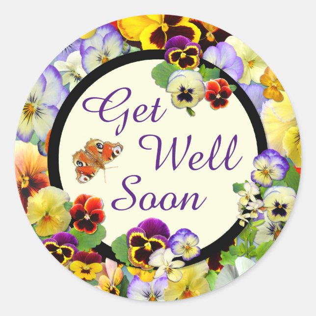 Get Well Pansy Design ~ Get Well bald Runder Aufkleber (Vorderseite)