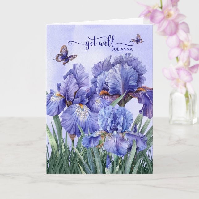 Get Well with a Purple Iris Garden and Butterflies Karte (Orchidee)