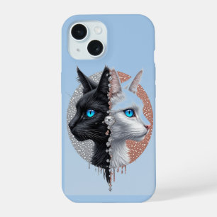 Geteiltes Katzenportrait Blaue Augen ✨ Schwarz Wei iPhone 15 Hülle