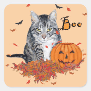 Getigert Halloween-Katze Quadratischer Aufkleber