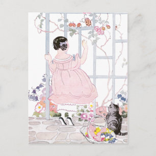 Getigert Katze und Mädchen von Trellis mit blühend Postkarte