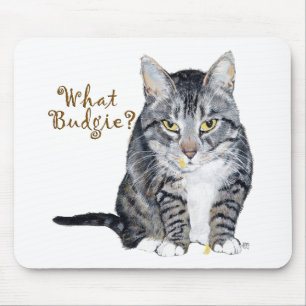 Getigerte Katze fragt: Was für ein Wellensittich? Mousepad