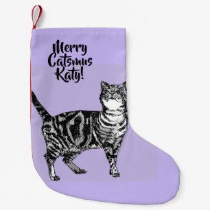 Getigerte Katze Frohe Katzenweihnachten Lila Weihn Kleiner Weihnachtsstrumpf