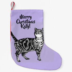 Getigerte Katze Frohe Weihnachten Lila Fliederstoc Kleiner Weihnachtsstrumpf