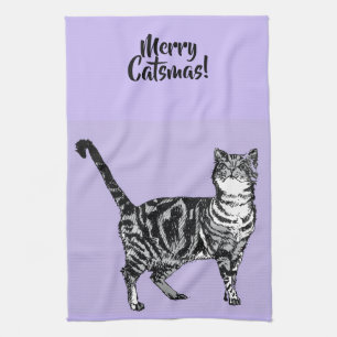 Getigerte Katze Frohe Weihnachten Lila Lavendel Pa Geschirrtuch