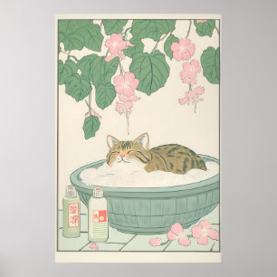 Getigerte Katze im Badewannen-Kunstdruck Japanisch Poster