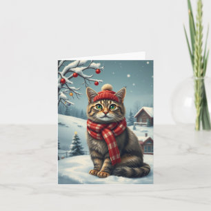 Getigerte Katze in vornehmer Winterkleidung und Hu Karte