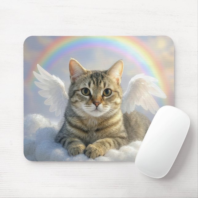 Getigerte Katze mit Engelsflügeln und Regenbogen Mousepad (Mit Mouse)