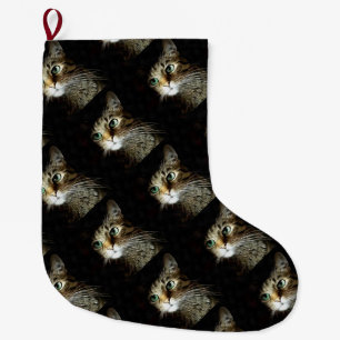 Getigerte Katze mit grünen Augen isoliert auf Schw Großer Weihnachtsstrumpf