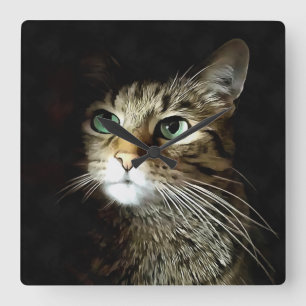 Getigerte Katze mit grünen Augen isoliert auf Schw Quadratische Wanduhr