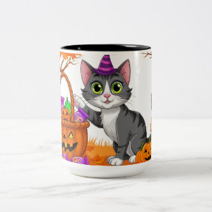 Getigerte Katze mit kandierten Kürbislaternen 🍂 Zweifarbige Tasse