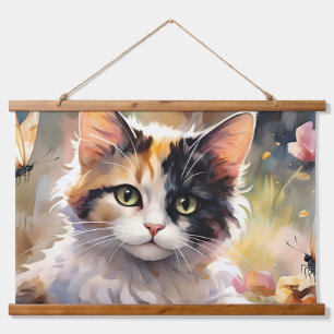 Getigerte Katze und Schmetterlinge im Frühlingsgar Wandteppich Mit Holzrahmen