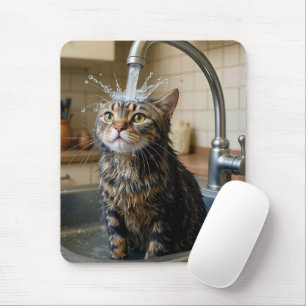 Getigerte Katze unter einer Küchenarmatur Mousepad