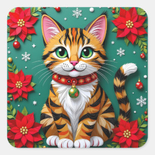 Getigerte Katze, Weihnachtssterne und Schneeflocke Quadratischer Aufkleber