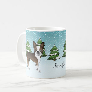 Getigerter Boston Terrier in einem Winterwald & Na Kaffeetasse