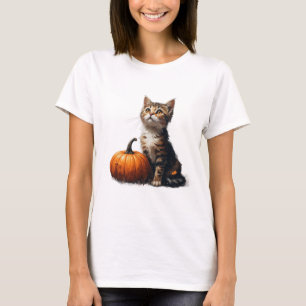 Getigertes Kätzchen im Kürbisfeld Halloween Szene T-Shirt