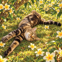 Getigertes Katze entspannt sich zwischen Plumerien