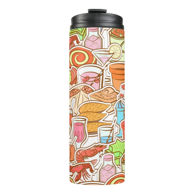 Getränke, Meeresfrüchte, Snacks, nahtlose Muster Thermosbecher (Vorderseite)