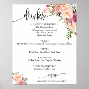 Getränke-Menü-Schild Hochzeit rosa floral boho chi Poster