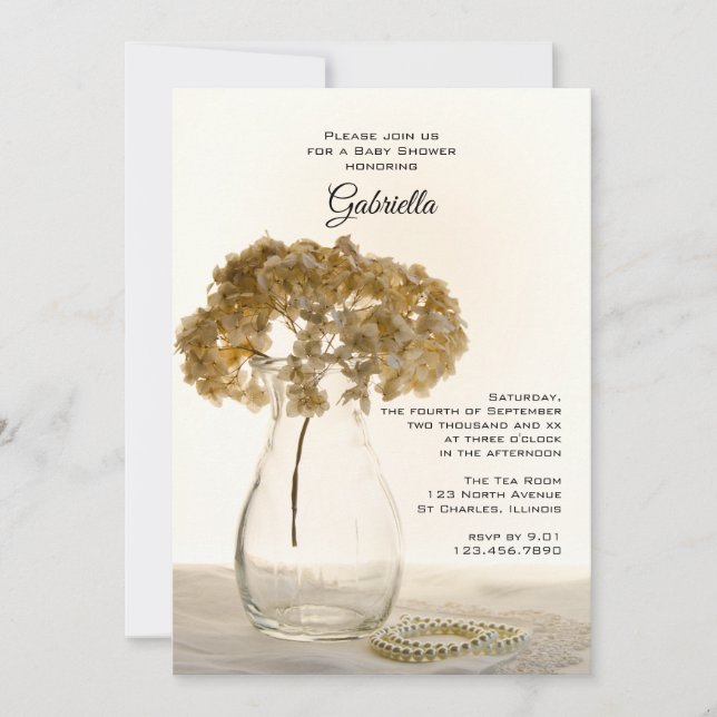 Getrocknete Hydrangeas und Perlen Baby Dusche Einladung (Vorderseite)