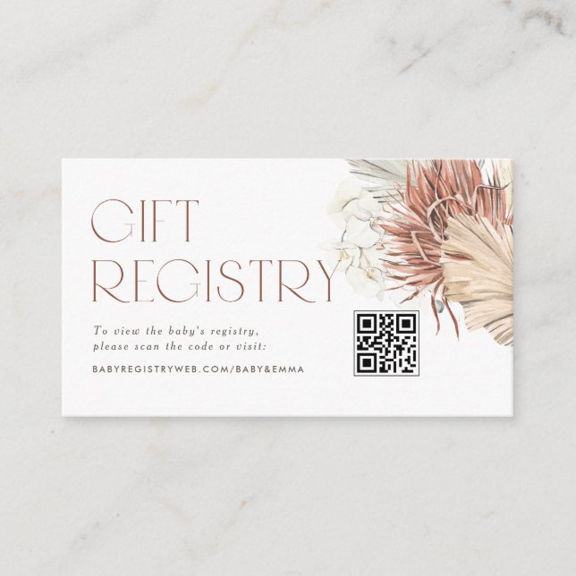 Getrocknete Palm Boho QR Code Baby Shower Registry Begleitkarte (Vorderseite)