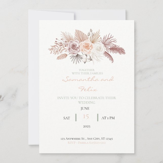 Getrocknete Rose und Blätter zum Hochzeitsempfang Einladung (Vorderseite)